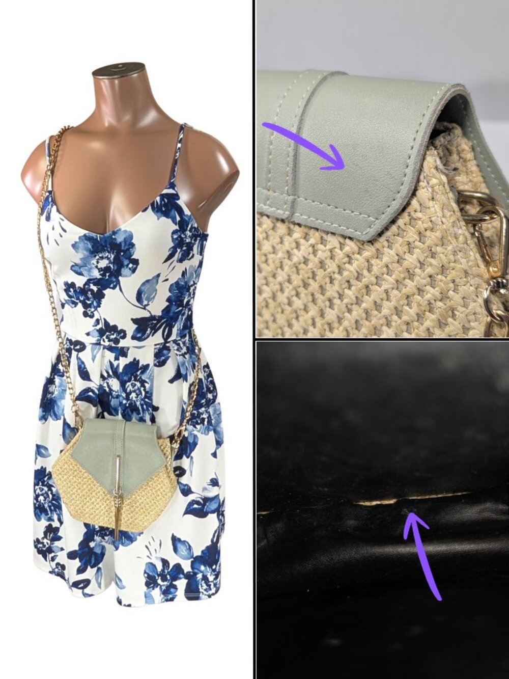 Haute Sauce Hexagon Small Woven Raffia Sage Green Faux Leather Flap Crossbody - Picture 10 of 10